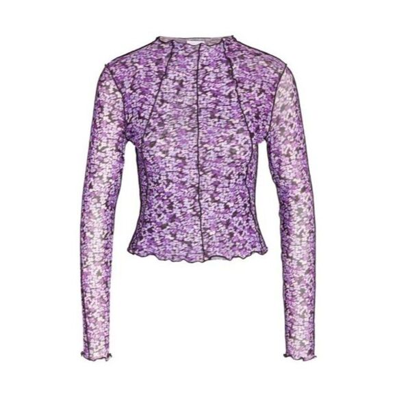 Noisy May Carrie Mock Neck Mesh Top In Amaranth Purple/ Virtual Flower, M - Picture 1 of 12